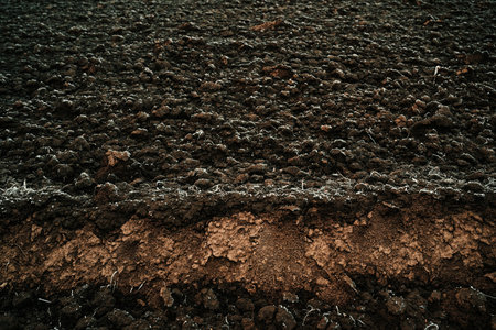 Frozen plowed field soil in winter, selective focusの写真素材