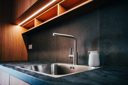 Water faucet and metallic sink in modern sleek kitchen with led strip light, selective focusの写真素材