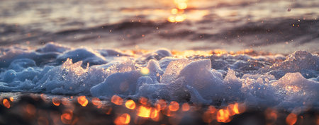 Closeup ocean wave and sea foam, orange sunrise light. Selective focus.の写真素材