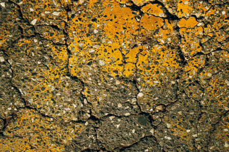 Worn yellow paint surface on cracked asphalt road, top viewの写真素材