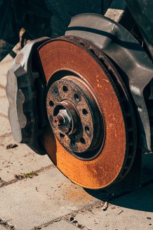 Rusty old car brake disc, selective focusの写真素材