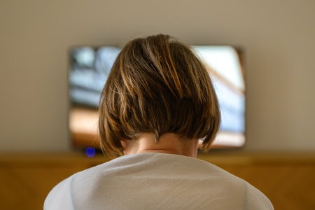 Rear view of female person sitting on sofa and watching TV in living room, selective focusの写真素材