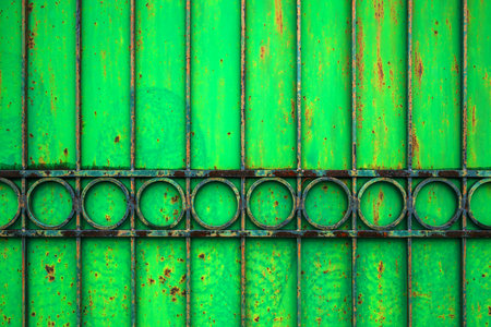 Green metallic gate fencing wrought iron pattern as backgroundの写真素材