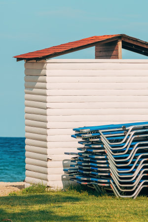 Wooden beach house at Aegean sea shoreline, selective focusの写真素材