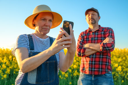 Smart farming, using smartphone app on canola rapeseed plantation field, portrait of two farmers, male and female, working in field, selective focusの写真素材