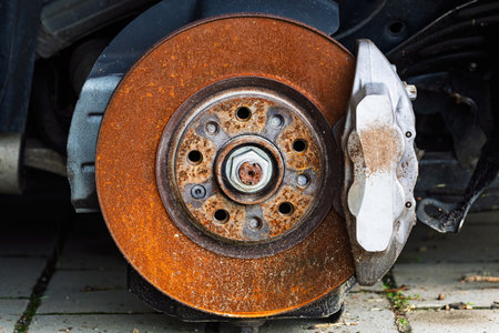 Rusty old car brake disc, selective focusの写真素材