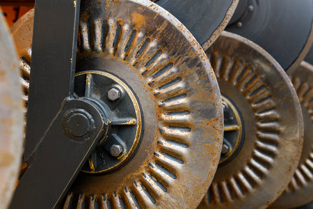 Agricultural tractor harrowing equipment, closeup, selective focus