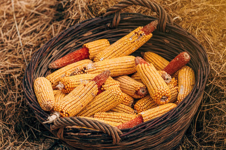 Harvested corn on the cob in wicker basket, selective focusの写真素材