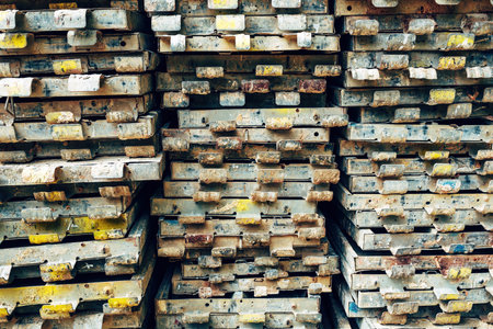 Metallic scaffolding stacked on construction site, industrial backgroundの写真素材