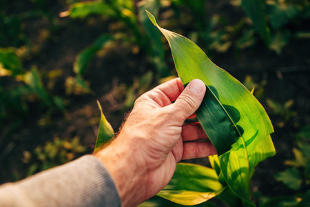 Farmer examining green corn crop plant in summer sunset, closeup of hand touching plant leaf,...