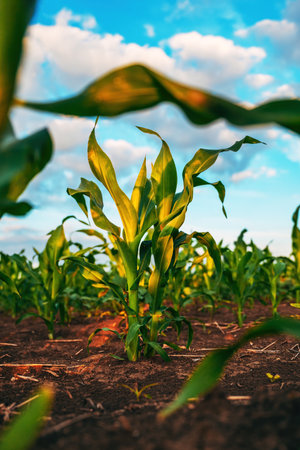 Corn plantation in summer sunset, closeup of lush green maize crops, selective focus
