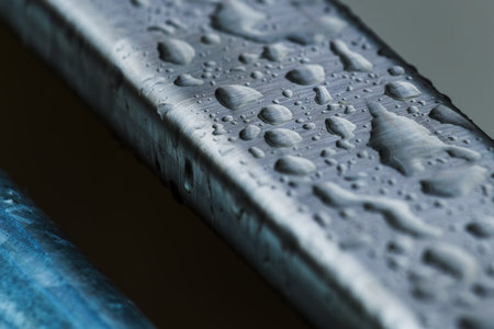 Raindrops on smooth metallic industrial object surface, weather and climate concept, selective focusの写真素材