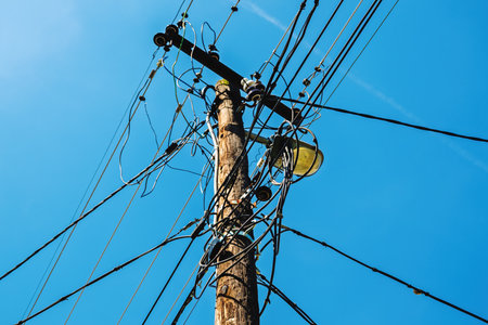 Old wooden lamp post with street light and messy electrical wires, selective focusの写真素材