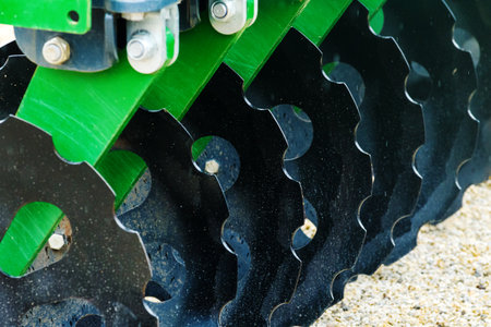 Agricultural harrow equipment closeup with selective focusの写真素材