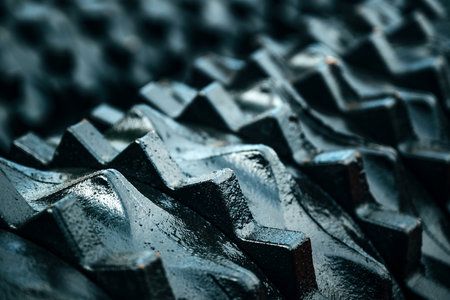 Industrial pattern, closeup of black metallic harrow disks with teeth for soil grinding, selective focusの写真素材
