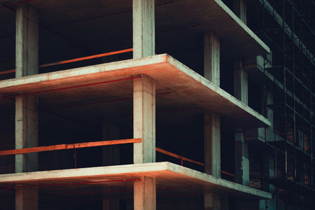 Reinforced concrete frame structured building construction site, low angle viewの写真素材