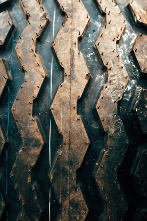 Closeup of agricultural tractor tire, farming vehicle tyre pattern, selective focus