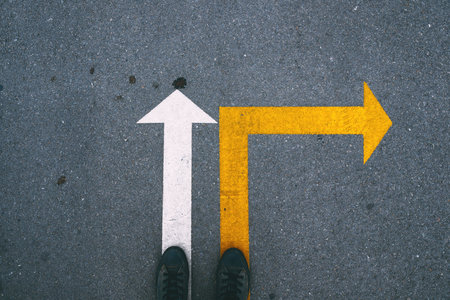 White and yellow arrows on asphalt showing different directions. Painted arrows on road symbolizing choice and direction. Top view.の写真素材