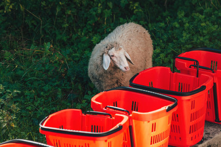 Sheep standing next to red shopping carts, symbolizing contrast between nature and consumerism. Selective focus.の写真素材