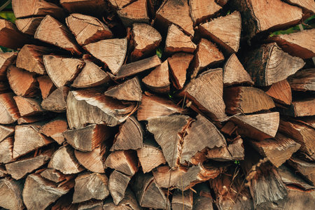 Neatly piled logs stored outdoors on a farm as background