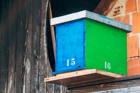 Wooden beehive crate painted in blue and green colors outdoors, used for beekeeping on a farm. Selective focus.の写真素材