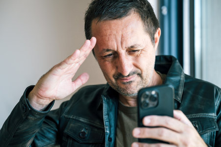 Man in leather jacket saluting during video call on smartphone app, modern online communication and...