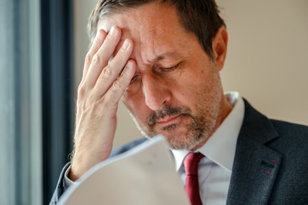 Concerned manager with headache reviewing stressful finance report at workplace. Selective focus.の写真素材