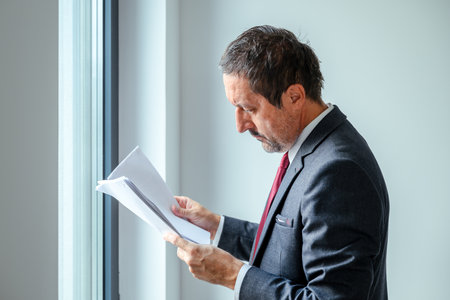 Businessman in formal suit reading documents near office window, focused professional corporate executive analyzing paper report in modern office environment. Selective focus.の写真素材