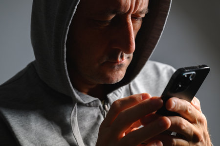 Mature man wearing hoodie using smartphone in low key light, concept of privacy, anonymity, or online communication. Selective focus.の写真素材
