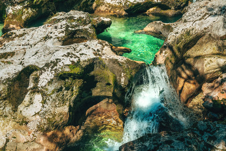 Scenic cascade of the Mostnica river flowing in alpine forest of Triglav National Park, Slovenia. Selective focus.の写真素材