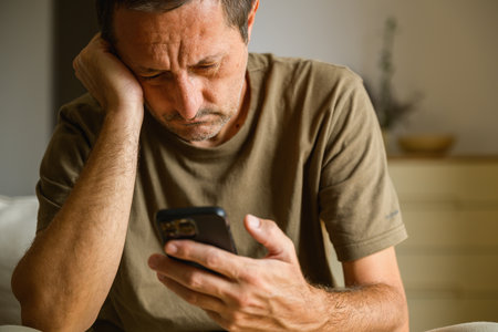Stressed man holding his head while looking at smartphone, frustrated and worried expression indoors. Selective focus.の写真素材