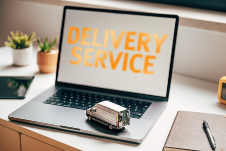 Laptop computer displaying âDelivery Serviceâ text with miniature van model on keyboard, symbolizing logistics, shipping, and e-commerce delivery concept. Selective focus.の写真素材