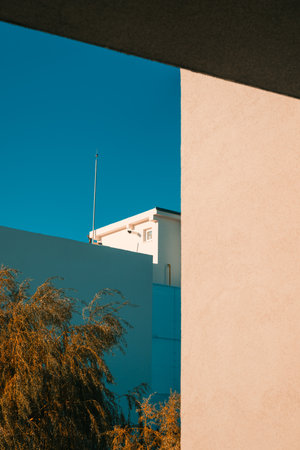 Building under clear blue sky, illuminated by sunset light with willow tree beside facade. Selective...