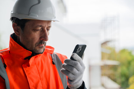 Civil engineer in safety gear using smartphone at construction site, representing digital...