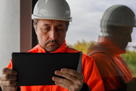 Civil engineer in safety jacket and hardhat using digital tablet at construction site, symbol of...