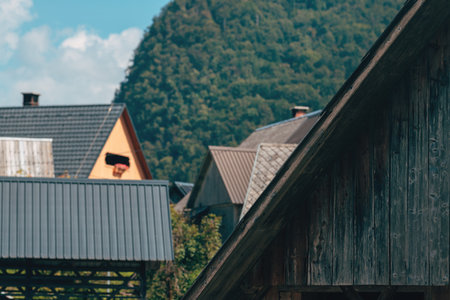 Rustic alpine houses with sloped roofs stand harmoniously in a Slovenian village, blending tradition with the surrounding mountain landscape. Selective focus.の写真素材
