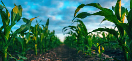 Corn plantation in summer sunset, closeup of lush green maize crops, selective focusの写真素材