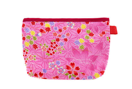 Pink and red flower pocket bag with yellow and green leaves and red heartsの写真素材