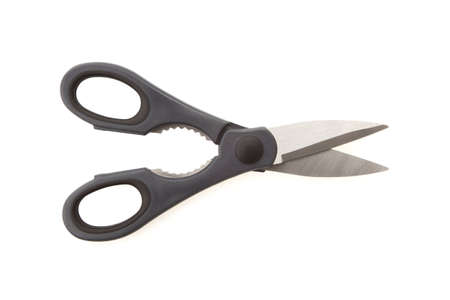 Kitchen scissors or shears, steel and black grey plastic on white background.の写真素材