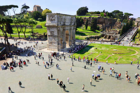 Arch of Constantine and Palatine Hill seen from Colosseum in the Roman Forum  Rome Italy  Tilt Shift photography のeditorial素材