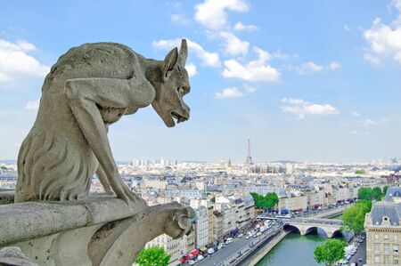 Gargoyle Statue in Notre Dame Cathedral and Paris aerial cityscape with Eiffel Tower on background  Paris, Franceの写真素材