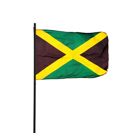 Jamaica flag in the wind and its black pole isolated on white background  Real photographyの写真素材