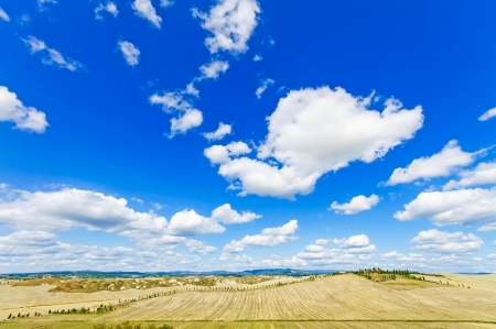 Tuscany landscape, Aerial panoramic view on fields and trees in Crete Senesi land near Siena, Tuscany, Italy, Europe の写真素材