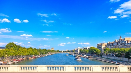 Paris, Seine river and traditional boats  Aerial view from a bridge balcony  France, Europeの写真素材