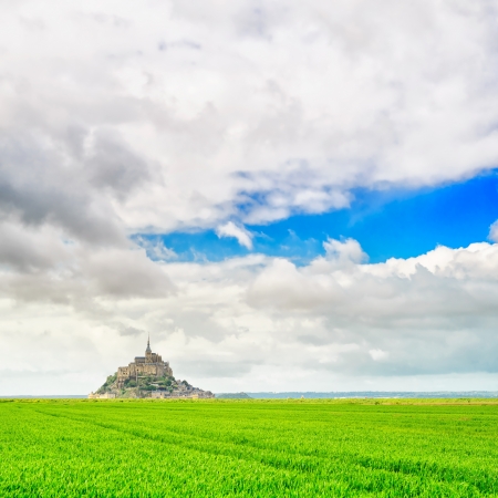 Mont Saint Michel monastery landmark and green field  heritage site  Normandy, France, Europe の写真素材