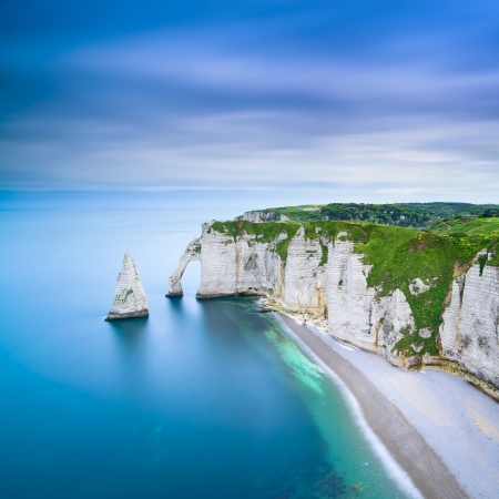 Etretat Aval cliff, rocks and natural arch landmark and blue ocean  Aerial view  Normandy, France, Europe の写真素材