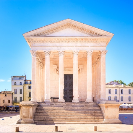 La Maison Carree roman temple column architecture  Ancient building of Roman Empire  Nimes, Languedoc Roussillon, France, Europe の写真素材