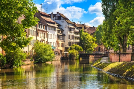 Strasbourg, water canal in Petite France area  Half timbered houses and trees in Grand Ile  Alsace, Franceの写真素材