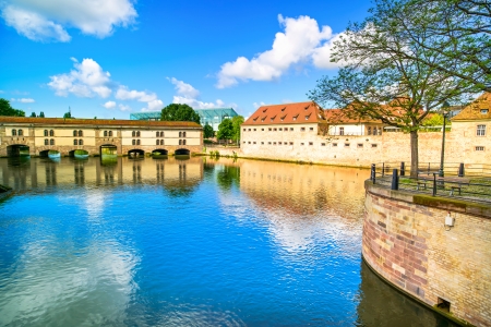 Strasbourg, barrage Vauban and medieval bridge Ponts Couverts and reflection, Barrage Vauban  Alsace, France の写真素材