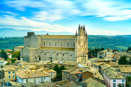 Orvieto medieval Duomo cathedral church landmark and old village aerial view  Umbria, Italy, Europe の写真素材